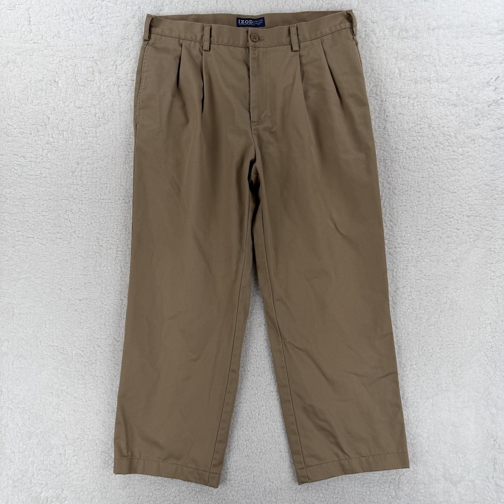 IZOD American Chino Pants Mens 34x29 Beige Classic Fit Pleated Baggy 34x27
